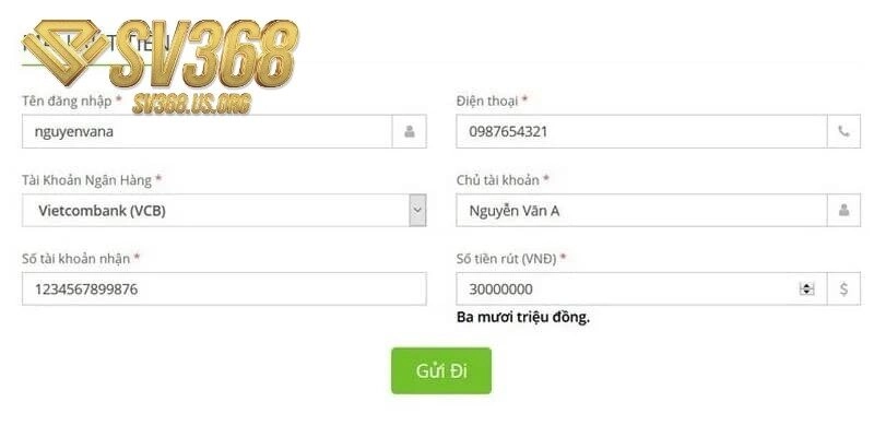 Hỗ trợ rút tiền SV368 qua tài khoản ngân hàng cực kỳ tiện lợi